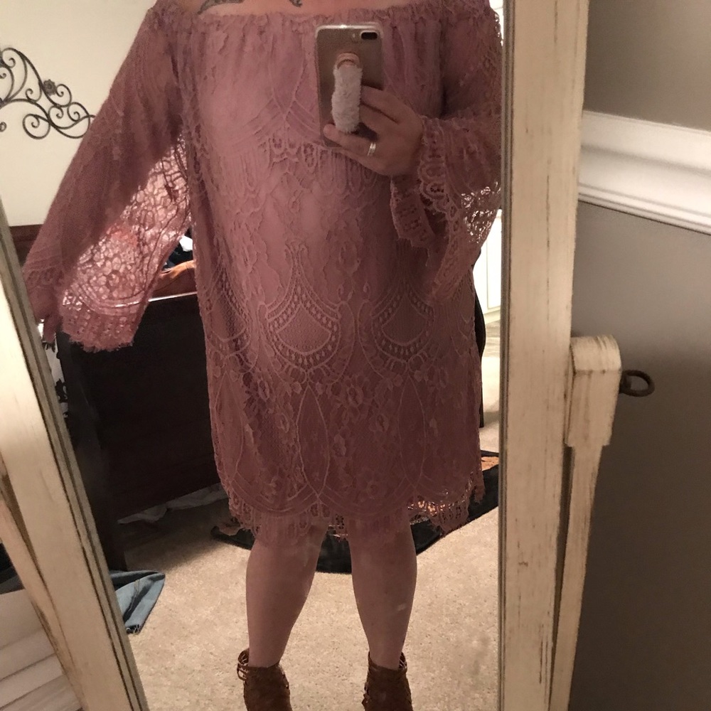 Off the shoulder lace overlay dress